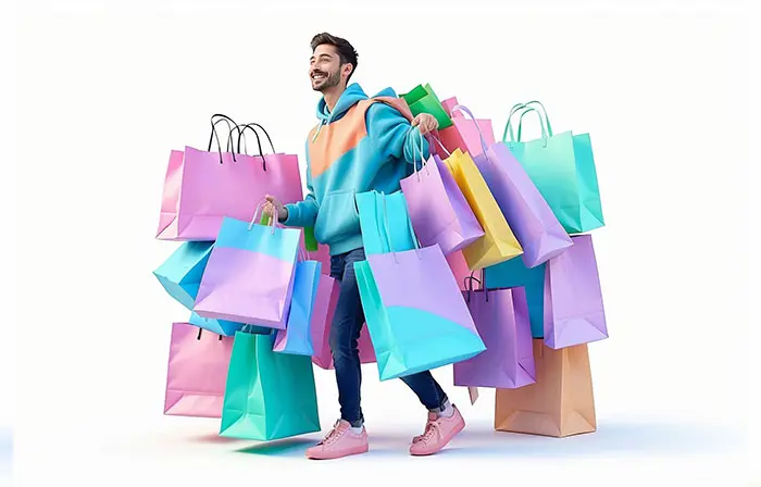Modern Male Fashionista with Shopping Bags 3D Graphic Trendy Illustration